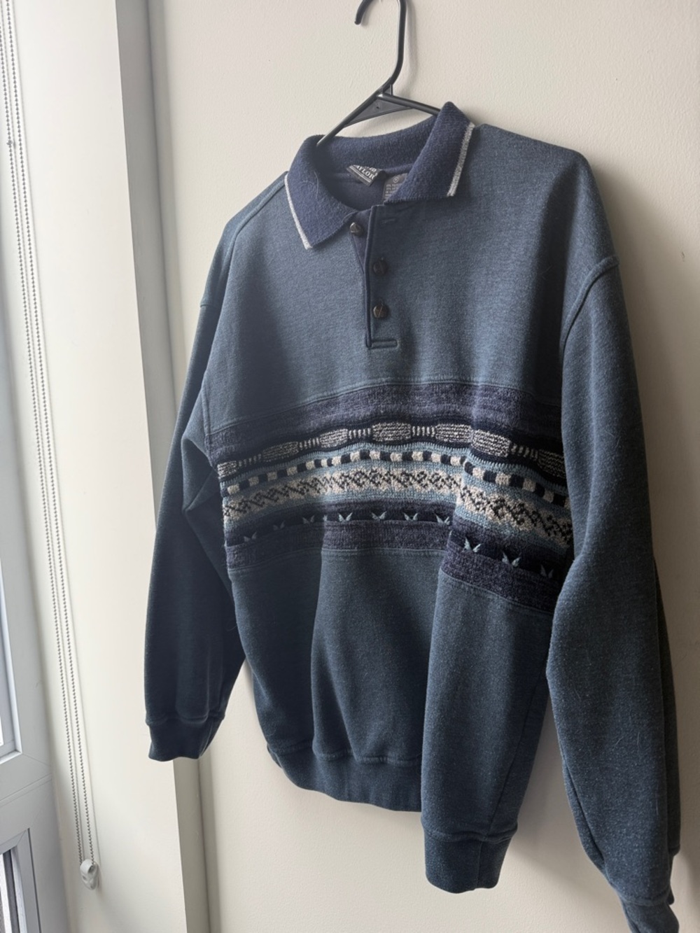 David Taylor Navy Crewneck Polo Sweater with Patterned Stripe